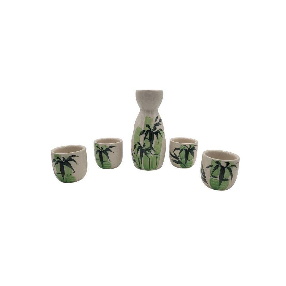 Vintage Ceramic Sake Set – Bamboo Motif Tokkuri with 4 Cups – Japanese Style Sto - Picture 2 of 9